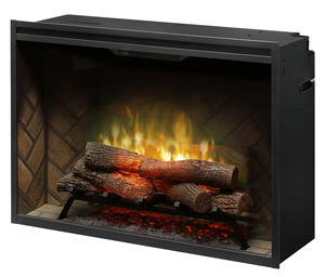 revillusion 36 inch built-in electic firebox with herringbone brick interior