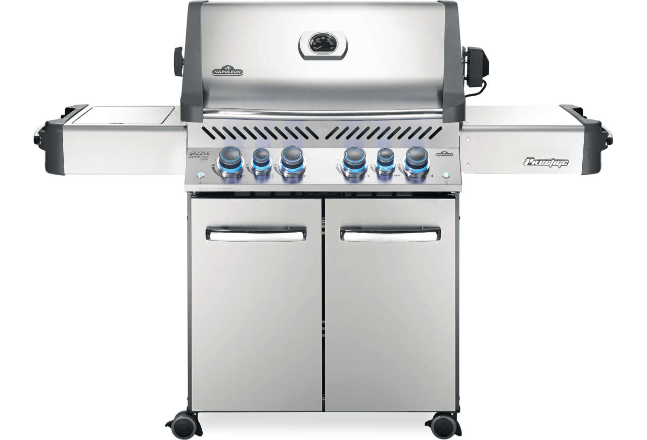 “prestige 500 propane gas grill with infrared side and rear burners, stainless steel” product image
