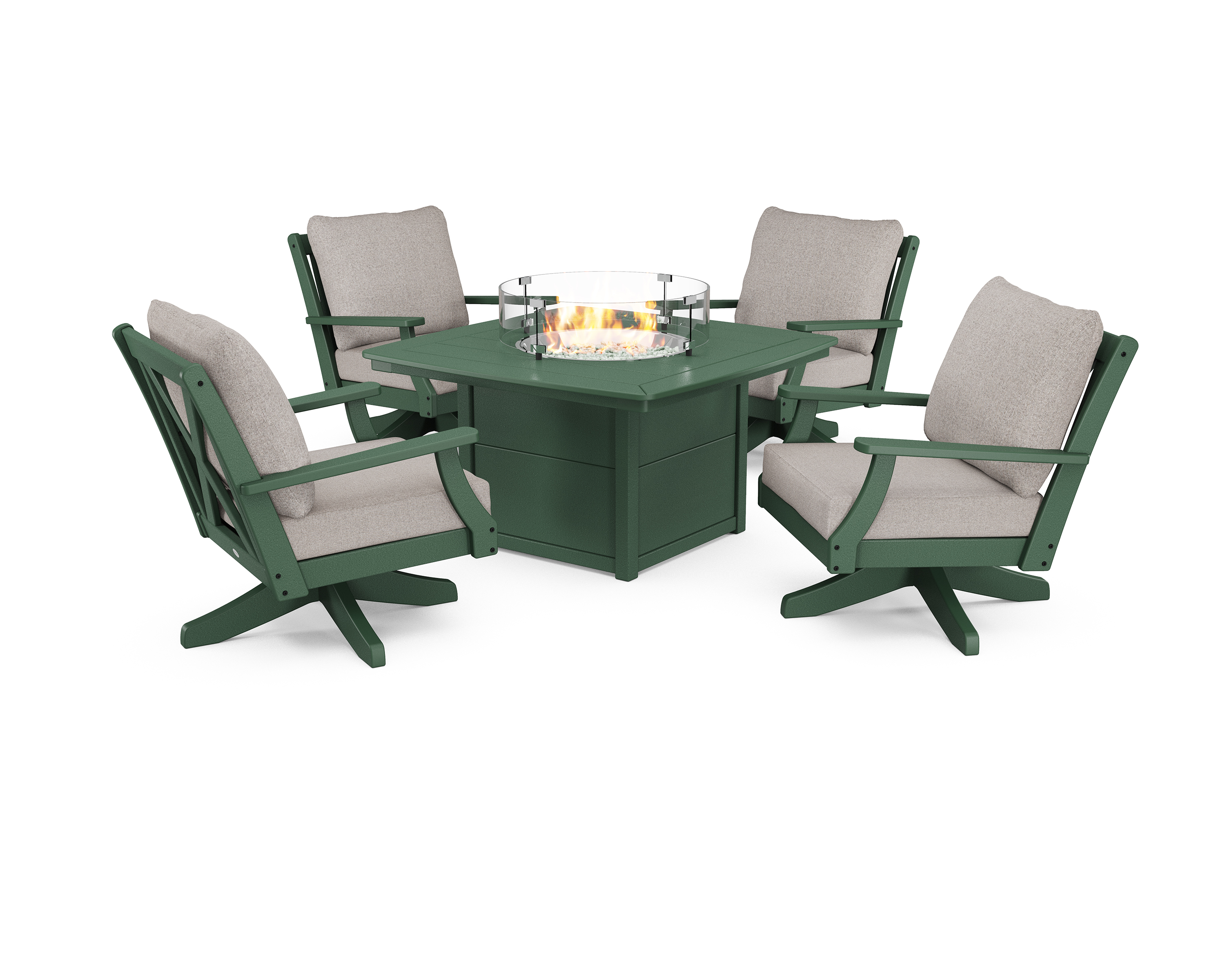 braxton 5-piece deep seating swivel conversation set with fire pit table in green / weathered tweed product image