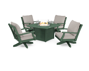 braxton 5-piece deep seating swivel conversation set with fire pit table in green / weathered tweed