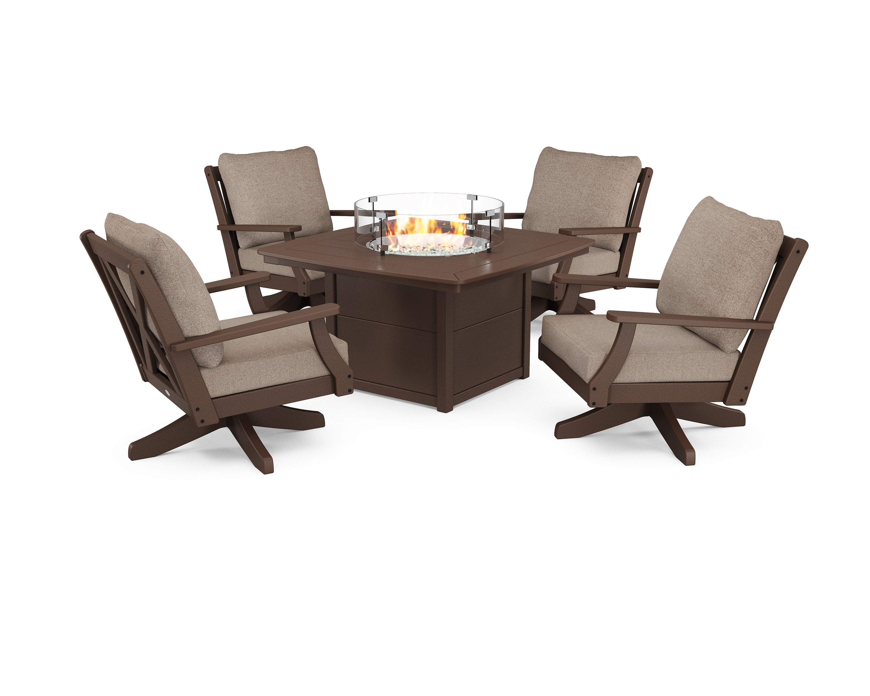 braxton 5-piece deep seating swivel conversation set with fire pit table in mahogany / spiced burlap product image