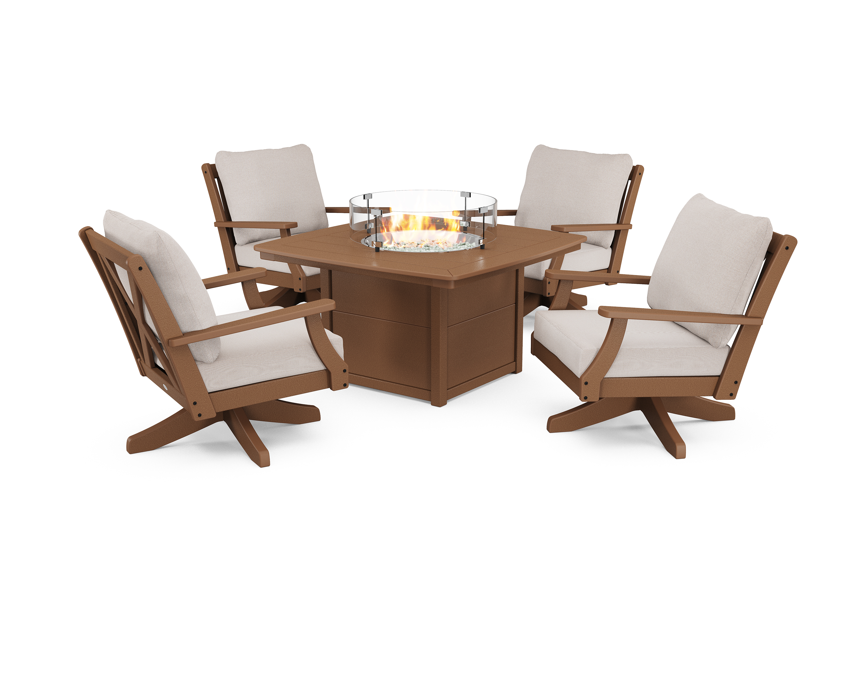 braxton 5-piece deep seating swivel conversation set with fire pit table in teak / dune burlap product image