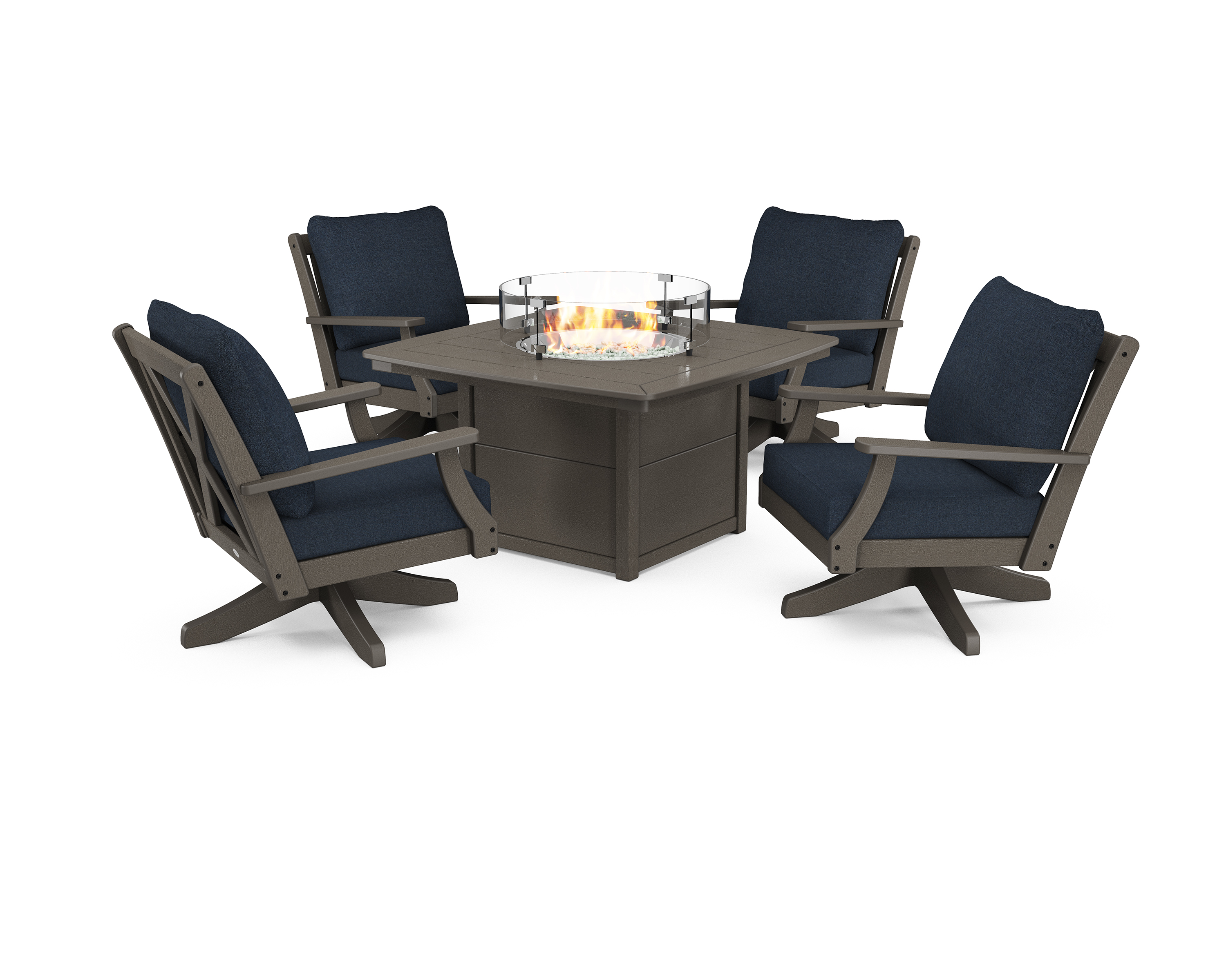 braxton 5-piece deep seating swivel conversation set with fire pit table in vintage coffee / marine indigo product image