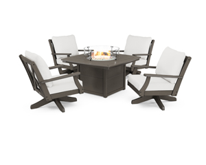 braxton 5-piece deep seating swivel conversation set with fire pit table in vintage coffee / textured linen