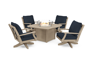 braxton 5-piece deep seating swivel conversation set with fire pit table in vintage sahara / marine indigo
