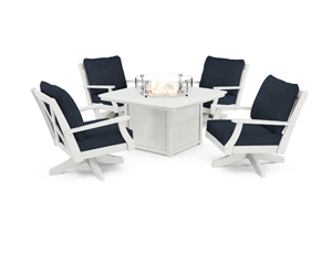 braxton 5-piece deep seating swivel conversation set with fire pit table in vintage white / marine indigo