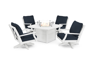 braxton 5-piece deep seating swivel conversation set with fire pit table in white / marine indigo