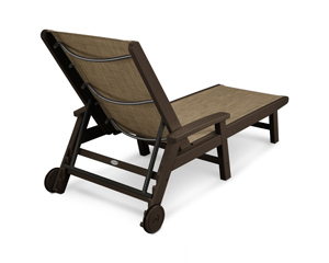 coastal chaise with wheels in mahogany / burlap sling