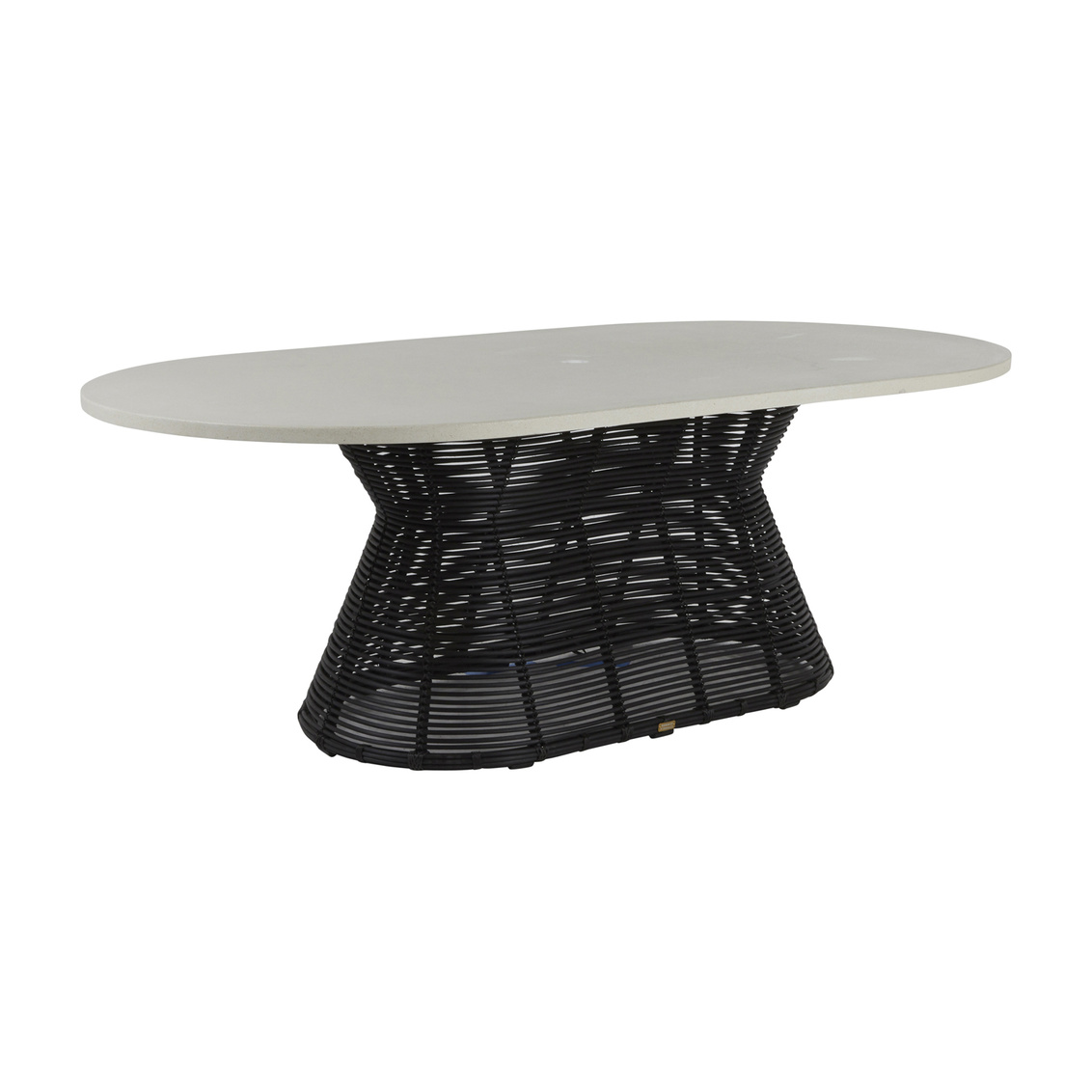harris oval dining table in travertine superstone top (w/ umbrella hole) and onyx woven base product image