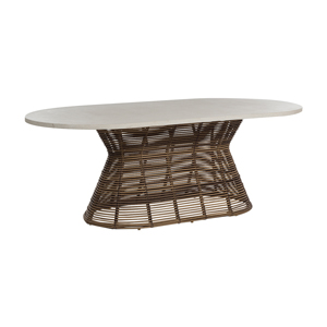 harris oval dining table in travertine superstone top (w/ umbrella hole) and raffia woven base
