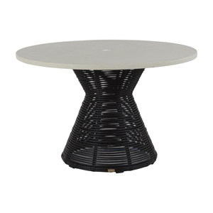 harris round dining table in travertine superstone top (w/ umbrella hole) and onyx woven base
