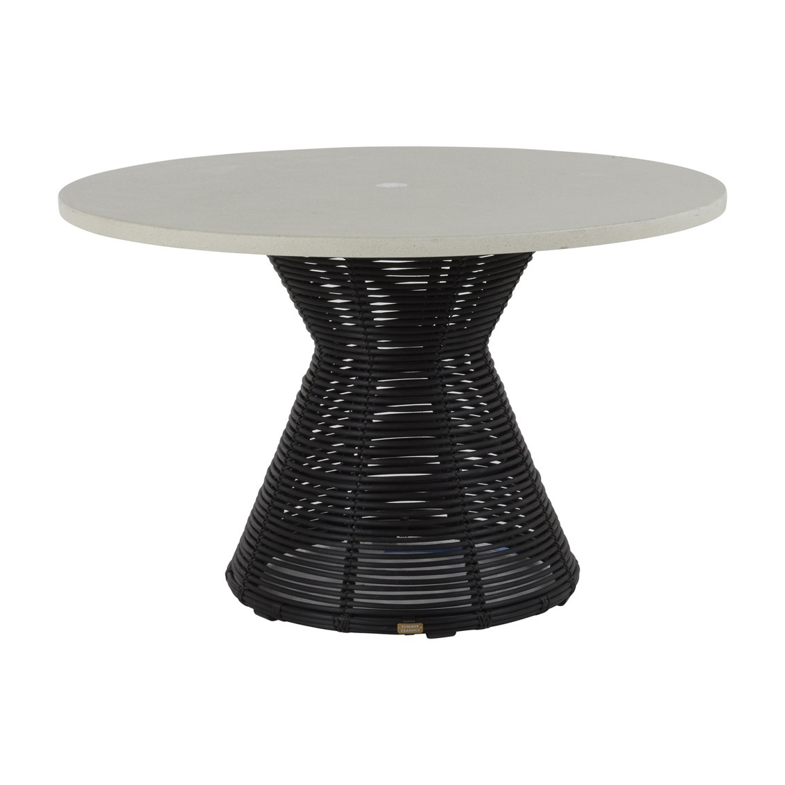 Harris Round Dining Table In Travertine, Outdoor Round Dining Table With Umbrella Hole