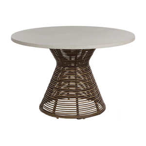 harris round dining table in travertine superstone top (w/ umbrella hole) and raffia woven base