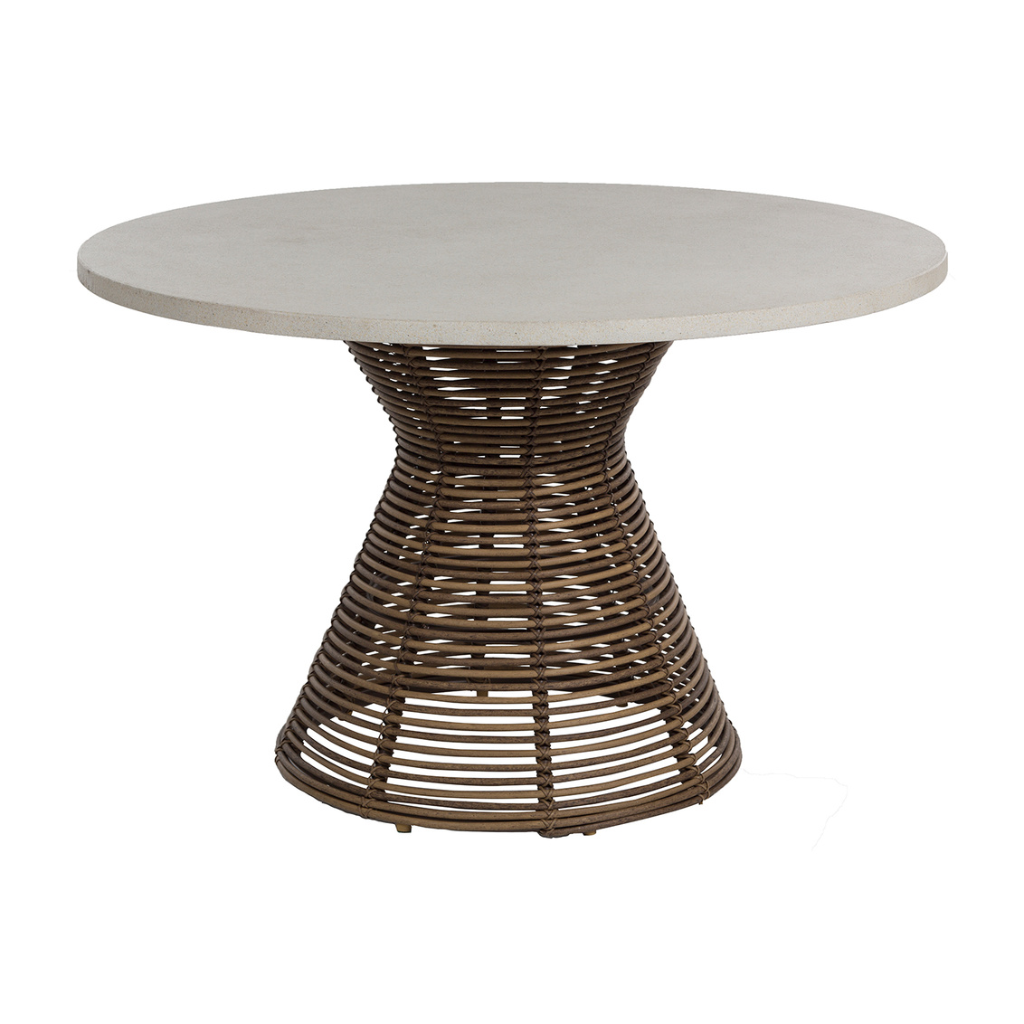 harris round dining table in travertine superstone top (w/ umbrella hole) and raffia woven base product image