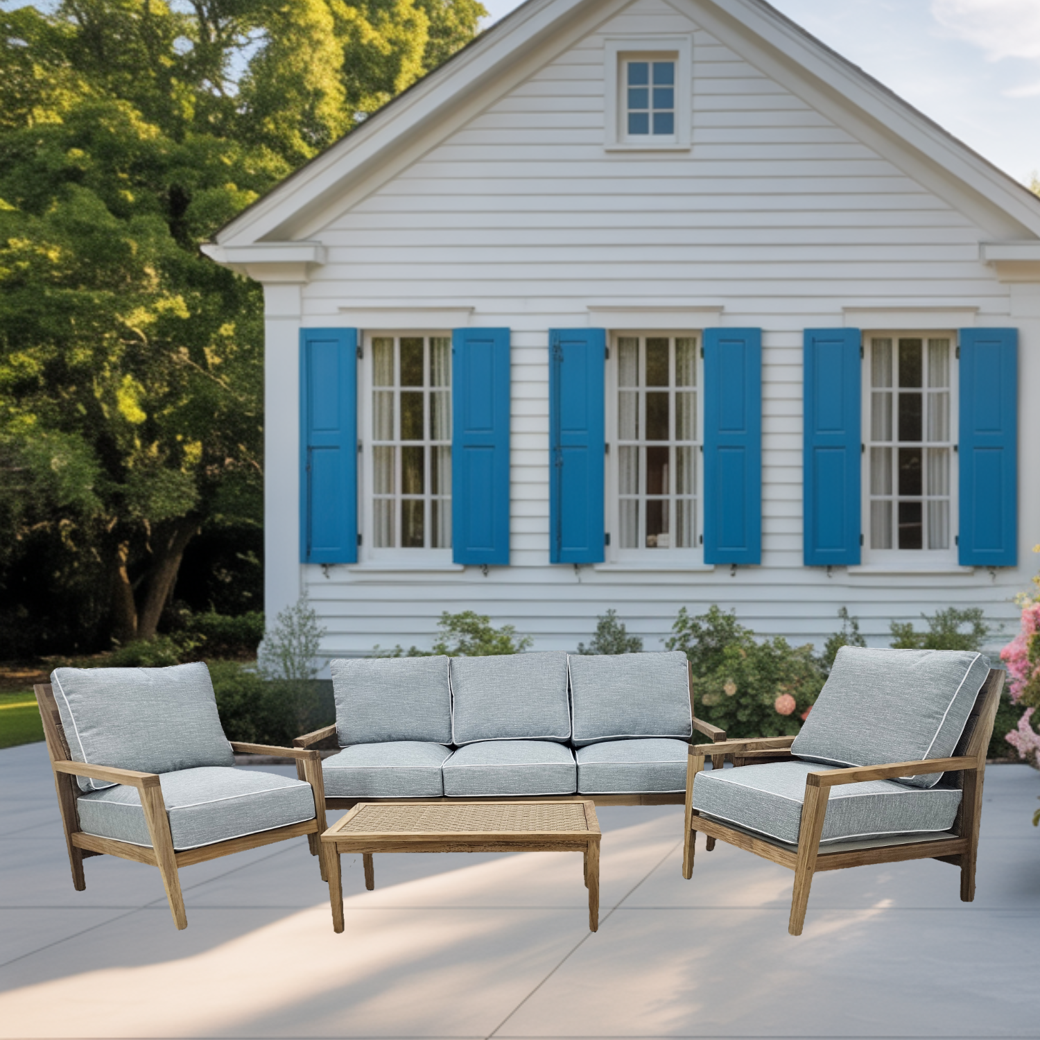 savannah teak seating set – natural teak / adena mist